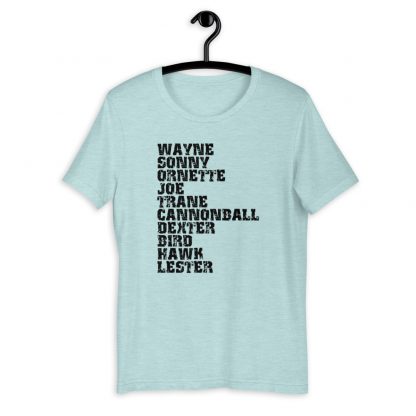 Influential Jazz Saxophone List Short-Sleeve Unisex T-Shirt (dark design) - Image 6