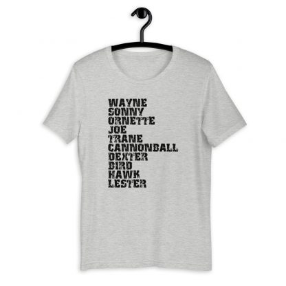 Influential Jazz Saxophone List Short-Sleeve Unisex T-Shirt (dark design) - Image 3