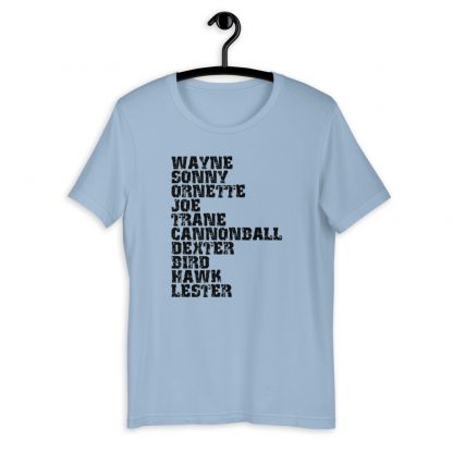 Influential Jazz Saxophone List Short-Sleeve Unisex T-Shirt (dark design) - Image 5