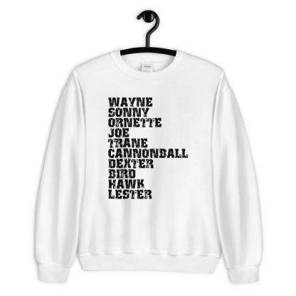 Influential Jazz Saxophone List Unisex Sweatshirt (dark design) - Image 2