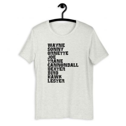 Influential Jazz Saxophone List Short-Sleeve Unisex T-Shirt (dark design) - Image 4