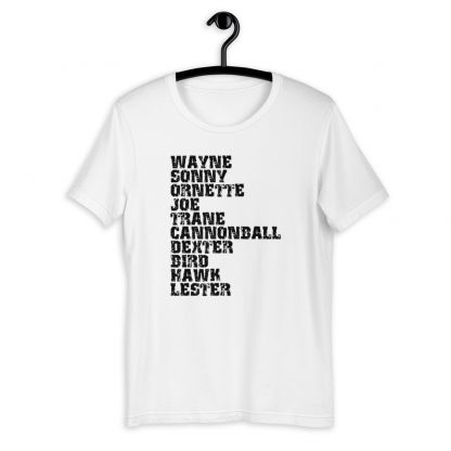 Influential Jazz Saxophone List Short-Sleeve Unisex T-Shirt (dark design) - Image 2