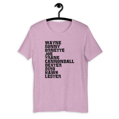 Influential Jazz Saxophone List Short-Sleeve Unisex T-Shirt (dark design) - Image 7